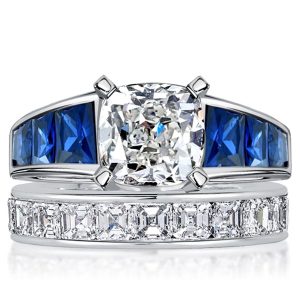 bridal sets - Italo Cushion Cut White & Blue Sapphire Engagement Ring Sets, Italo jewelry - Online Catalog
