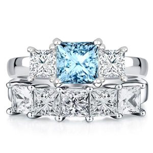 bridal sets - Italo Princess Cut Aquamarine Three Stone Engagement Ring Sets, Italo jewelry - Online Catalog