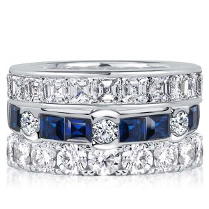 stackable ring sets - Italo Channel Round & Asscher Cut White & Blue Sapphire Stackable Band Set, Italo jewelry - Online Catalog