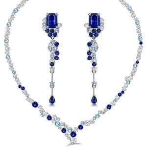 jewelry sets - Italo Emerald & Round Cut Blue Sapphire Necklace & Earrings Jewelry Set, Italo jewelry - Online Catalog