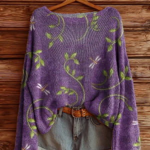 Women's Floral Dragonfly Print Casual Long Sleeve Top, JustFashionNow Sweaters, color:Purple|size:4XL,