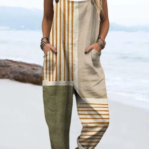 Women Striped Square Neck Sleeveless Casual Spring/Fall Bib Pants, JustFashionNow Jumpsuits＆Rompers, color:Khaki|size:4XL,