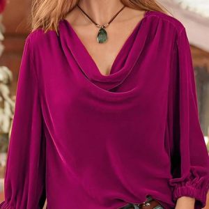 Casual Plain V Neck Long Sleeve T-shirt, T-shirts, color:Deep Pink|size:XL, catalog Noracora shop