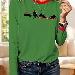 Vintage Animal Crew Neck Long Sleeve T-shirt, T-shirts, color:Green|size:4XL, catalog Noracora shop