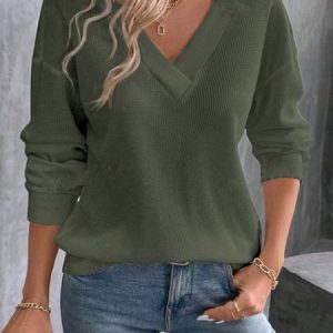 Women Plain Long Sleeve Tee T-shirt V Neck Split Joint Vintage Spring/Fall Top, JustFashionNow T-Shirts, color:Army Green|size:XXL,