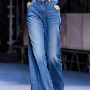Urban Denim Buttoned Plain  Wide Leg Jeans, Jeans, color:Blue|size:XXL, Stylewe