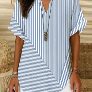 Shawl Collar Half Sleeve Striped Regular Loose Blouse For Women, T-shirts, color:Blue-White|size:4XL, catalog Noracora shop