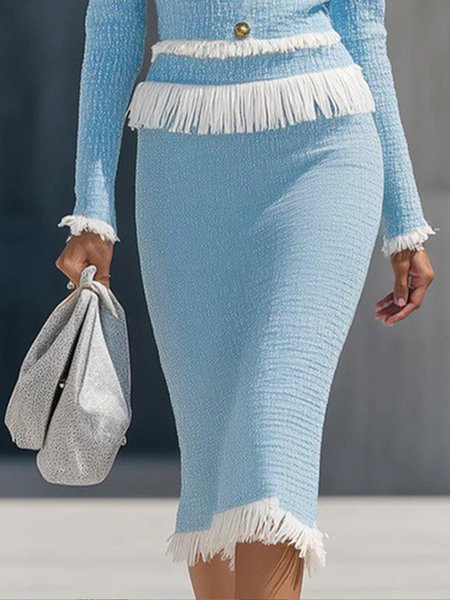 Elegant Tassel Tweed Plain Midi Skirt, Skirts, color:Blue|size:XXL, Stylewe - Image 2