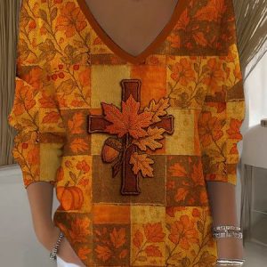 Women Cotton Maple Leaf Long Sleeve Comfy Casual Sweater, Sweaters, color:Orange|size:4XL, catalog Noracora shop