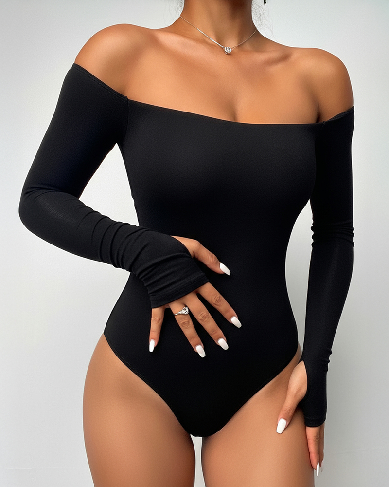 Off Shoulder Long Sleeve Slim Fit Versatile Bodysuit with Thumb Hole Cuffs, women Bodysuit, ChicMe catalog