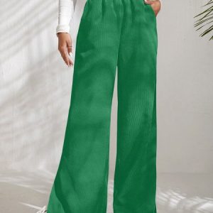 Women Plain Long Elastic Waist Pants Casual Spring/Fall Trousers, JustFashionNow Pants, color:Green|size:3XL,