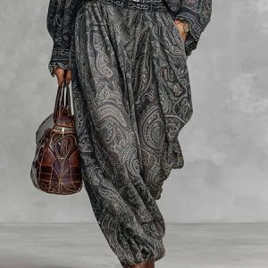 Casual Paisley Printing Ankle Banded Pants, Pants, color:Gray|size:XXL, Stylewe