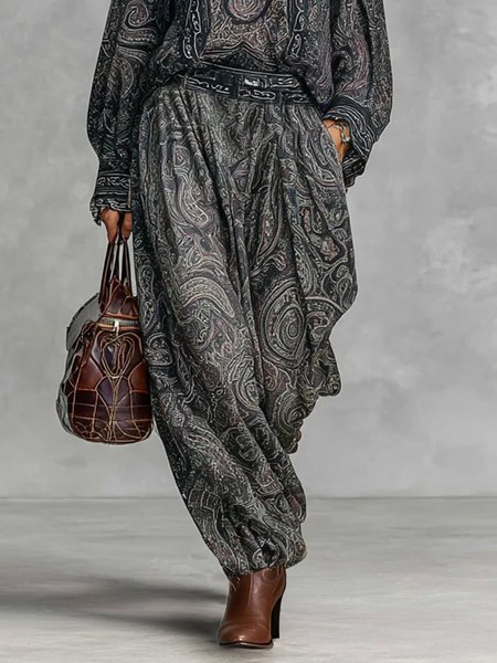 Casual Paisley Printing Ankle Banded Pants, Pants, color:Gray|size:XXL, Stylewe