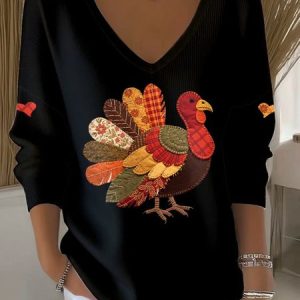 Women Turkey Spring/Fall Long Sleeve Vintage Holiday Sweatshirt, JustFashionNow Sweatshirts & Hoodies, color:Black|size:5XL,