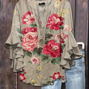 Women Floral Half Sleeve Shirt Summer Printing V Neck Daily Casual Top, JustFashionNow Shirts, color:Khaki|size:5XL,
