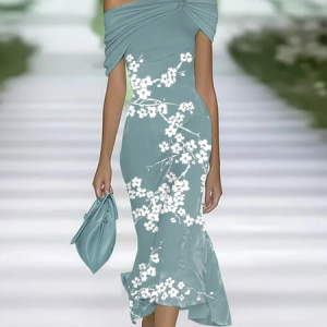Women Floral Cap Sleeve Summer Printing Dress Cold Shoulder Daily Vintage Maxi H-Line Dress, JustFashionNow Casual Dresses, color:Cyan|size:4XL,