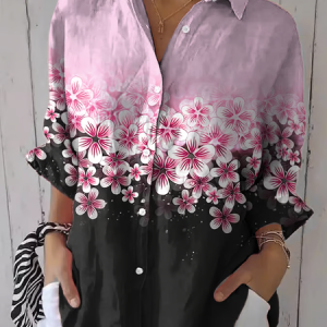 Shirt Collar Three Quarter Sleeve Floral Printing Regular Loose Button Up Shirt Shirt For Women, Blouses, color:Pink|size:5XL, catalog Noracora shop