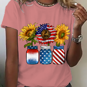 Casual Flag Crew Neck Short Sleeve T-shirt, T-shirts, color:Orange Pink|size:3XL, catalog Noracora shop