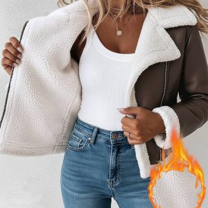 PU Leather Notched Collar Zip Up Vintage Thermal Lined Biker Jacket Faux Shearling Trim Crop Coat, women Jackets & Coats, ChicMe catalog