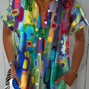 Women Abstract Short Sleeve Shirt Summer Printing Shirt Collar Daily Casual Top, JustFashionNow Shirts, color:As Picture|size:5XL,