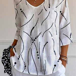 Casual Striped Art Print V Neck Three Quarter Sleeve Comfy T-shirt, T-shirts, color:White|size:M, catalog Noracora shop