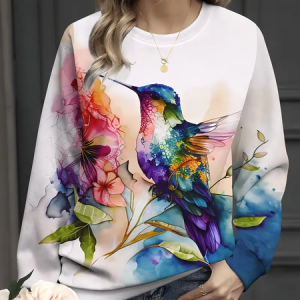 Women Bird Crew Neck Printing Casual Spring/Fall Long Sleeve Sweatshirt, JustFashionNow Sweatshirts & Hoodies, color:White|size:XXL,