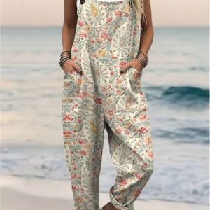 Women Paisley Square Neck Gallus Casual Summer Cotton And Linen Jumpsuit, Jumpsuits&Rompers, color:Apricot|size:4XL, catalog Noracora shop