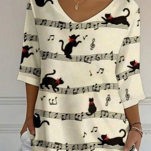 Vintage Cat And Music Art Print Crew Neck Three Quarter Sleeve T-shirt, T-shirts, color:Beige|size:5XL, catalog Noracora shop
