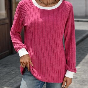 Casual Color Block Crew Neck Long Sleeve T-shirt, T-shirts, color:Deep Pink|size:XXL, catalog Noracora shop