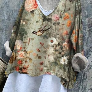 V Neck Long Sleeve Floral Regular Micro-Elasticity Regular Fit Shirt For Women, Shirts, color:Lightgreen|size:4XL, catalog Noracora shop