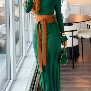 Urban Plain  Crew Neck Sweater Maxi Dress No Belt, Maxi Dresses, color:Green|size:XXL, Stylewe