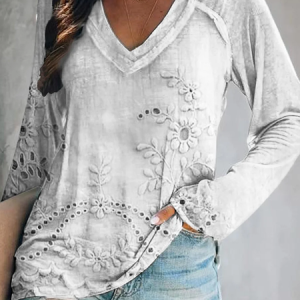 Women Floral Long Sleeve Blouse Spring/Fall Printing V Neck Daily Casual Top, JustFashionNow T-Shirts, color:White|size:5XL,