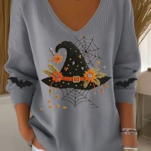 Women Cotton Halloween Long Sleeve Comfy Casual Sweater, Sweaters, color:Gray|size:4XL, catalog Noracora shop