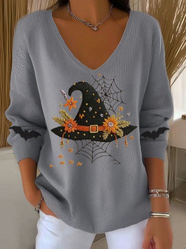 Women Halloween Casual Long Sleeve V Neck Cotton Spring/Fall Sweater, JustFashionNow T-Shirts, color:Gray|size:4XL
