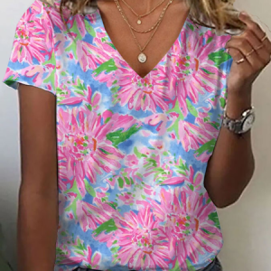 Women Floral Short Sleeve Tee T-shirt V Neck Printing Casual Summer Graphic Tee Top, JustFashionNow T-Shirts, color:Pink|size:XXL,