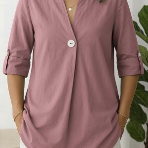 V Neck Long Sleeve Plain Regular Micro-Elasticity Regular Fit Shirt For Women, Shirts, color:Pink|size:XXL, catalog Noracora shop