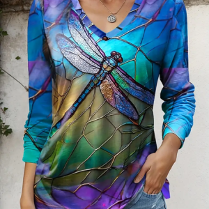 Women Dragonfly Long Sleeve Tee T-shirt V Neck Printing Casual Spring/Fall Graphic Tee Top, JustFashionNow T-Shirts, color:As Picture|size:XXL