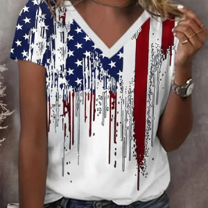 Women Independence Day (Flag) Short Sleeve Tee T-shirt V Neck Printing Casual Summer Graphic Tee Top, JustFashionNow T-Shirts, color:White|size:4XL
