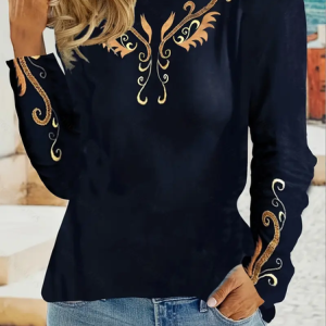 Women Ethnic Long Sleeve Tee T-shirt Crew Neck Printing Casual Spring/Fall Graphic Tee Top, JustFashionNow T-Shirts, color:Black|size:XXL,