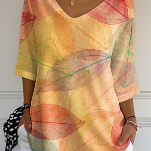 Casual Leaf V Neck Three Quarter Sleeve T-shirt, T-shirts, color:Orange|size:5XL, catalog Noracora shop