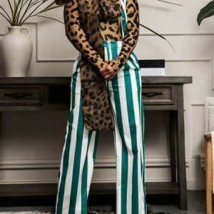 Casual Printing Striped Overall Bib Pants, Jumpsuits, color:White-green|size:XXL, Stylewe