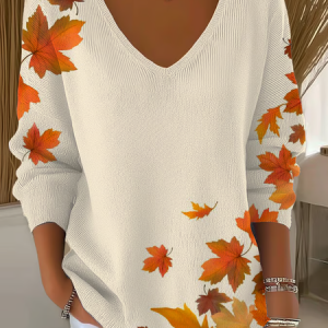 Women Maple Leaf Long Sleeve Tee T-shirt V Neck Printing Casual Spring/Fall Top, JustFashionNow T-Shirts, color:Apricot|size:4XL