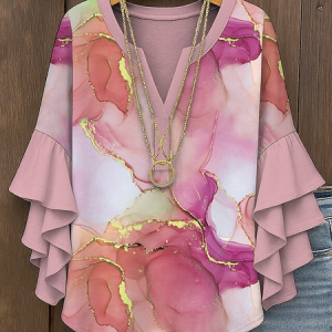 V Neck Half Sleeve Geometric Regular Micro-Elasticity Regular Fit Blouse For Women, Blouses, color:Pink|size:4XL, catalog Noracora shop