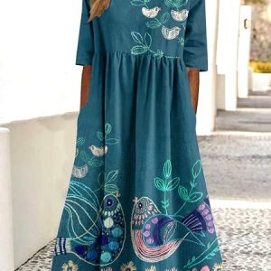 Women Floral Summer Dress Crew Neck Short Sleeve A-Line Dress, Dresses, color:Purplish Blue|size:4XL, catalog Noracora shop
