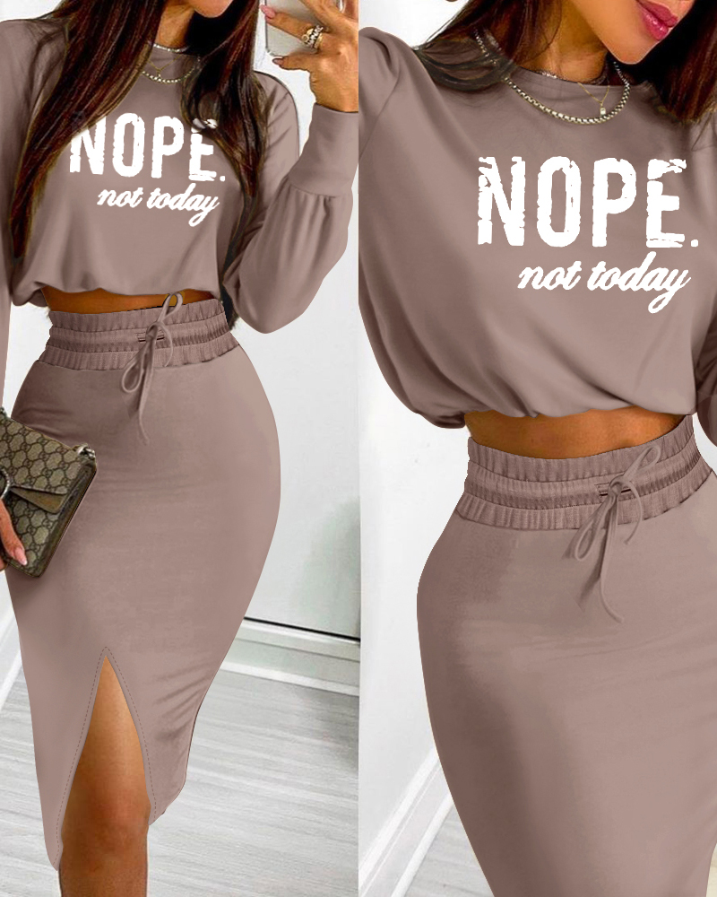 2 Pieces Outfit NOPE. not today Slogan Print Long Sleeve Stretchy Hem Crop Top and High Waist Drawstring Elastic Waist Slit Casual Skirt Set, women Two-piece Sets, ChicMe catalog - Image 3