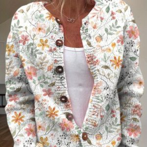 Women Knitted 3D Printing Long Sleeve Comfy Vintage Cardigan, Cardigans, color:Color4|size:5XL, catalog Noracora shop