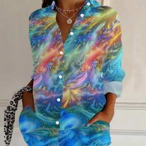Women Abstract Long Sleeve Shirt Spring/Fall Buckle Shirt Collar Daily Casual Top, JustFashionNow Shirts, color:Blue|size:XXL,