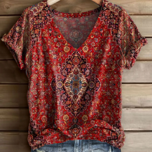 Women Floral Short Sleeve Tee T-shirt V Neck Printing Casual Summer Graphic Tee Top, JustFashionNow T-Shirts, color:Red|size:4XL,