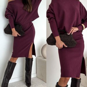 2 Pieces Outfit Skew Neck Batwing Sleeve Top and Side Slit Skirt Set Casual Ribbed Set, women Two-piece Sets, ChicMe catalog