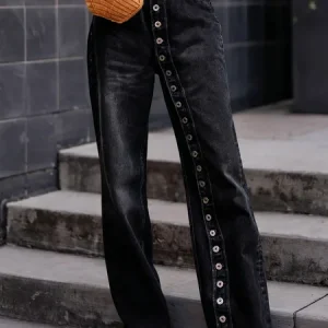 Buckle Detail Straight-Leg Denim Jeans, Jeans, color:Black|size:XS, Stylewe